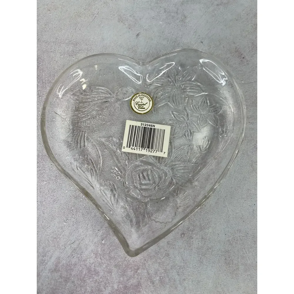 Crystal Clear Heart Shaped Candy/ Jelly‎ Dish Hummingbird and Flower Design 6